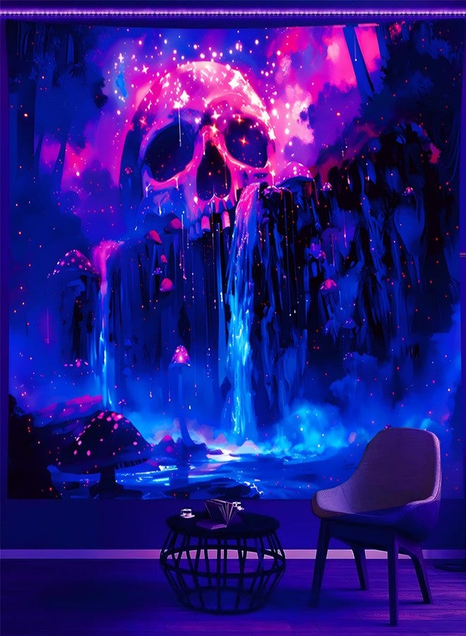 TUGCAY Blacklight Skull Waterfall Tapestry Mushroom Forest Tree Mountain Landscape Tapestry UV Reactive Galaxy Starry Night Tapestries for Bedroom Dorm Decor 60’’ x 50’’ - Image 1